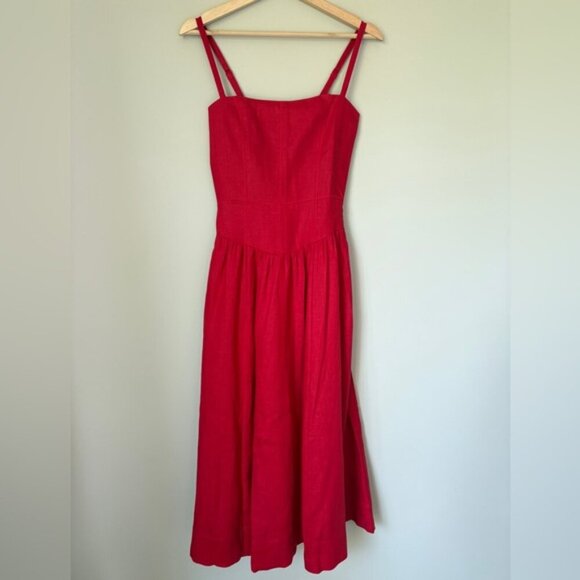 NEW Reformation Katarin Linen Midi Dress Lipstick Red Lace Detail | US 2 UK 6 - Picture 9 of 15